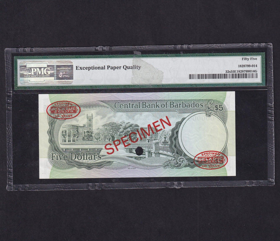 Barbados (P32s) $5 specimen, 1976, B9 000000, PMG55, A/UNC