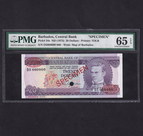 Barbados (P34s) $20 specimen, 1973, D5 000000, PMG65, UNC