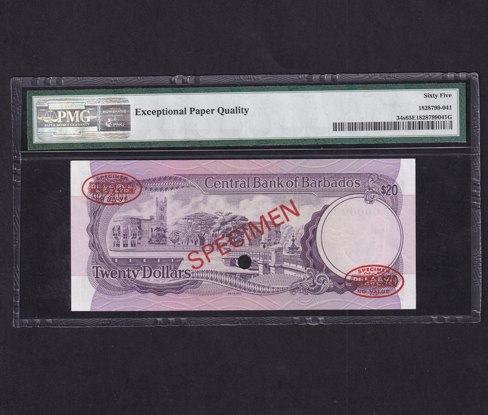 Barbados (P34s) $20 specimen, 1973, D5 000000, PMG65, UNC