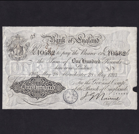 Bank of England (B208ff) Nairne, £100, 28th May 1914, 7/Y 10582, notations & handstamp, A/VF