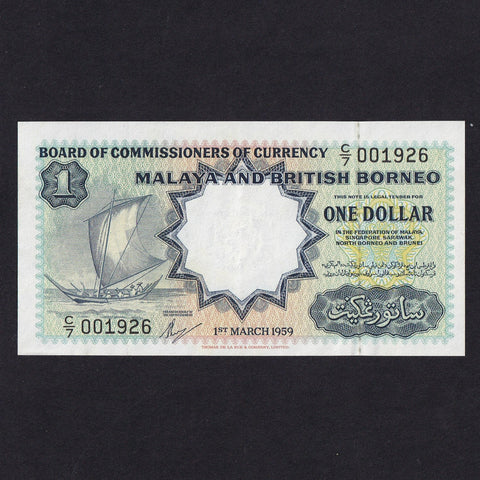 Malaya & British Borneo (P8A) $1, 1st March 1959, C/7 001926, EF