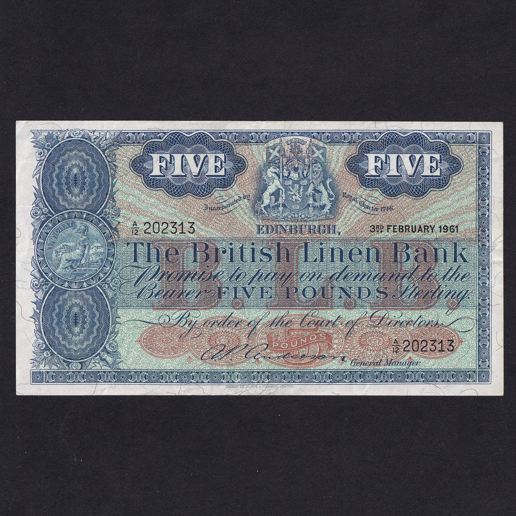 Scotland (P163) British Linen Bank, £5, 3rd February 1961, Anderson, A/12 202313, General Manager, BL72, pressed, VF