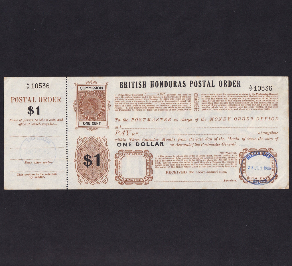British Honduras, $1 postal order, 1985, QEII, A/2 10536, with counterfoil, unissued, Good EF