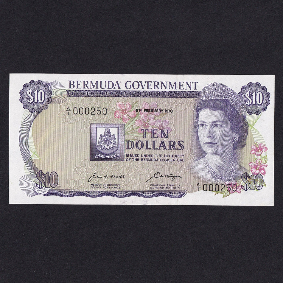 Bermuda (P25a) $10, 6th February 1970, QEII, A/1 000250, UNC