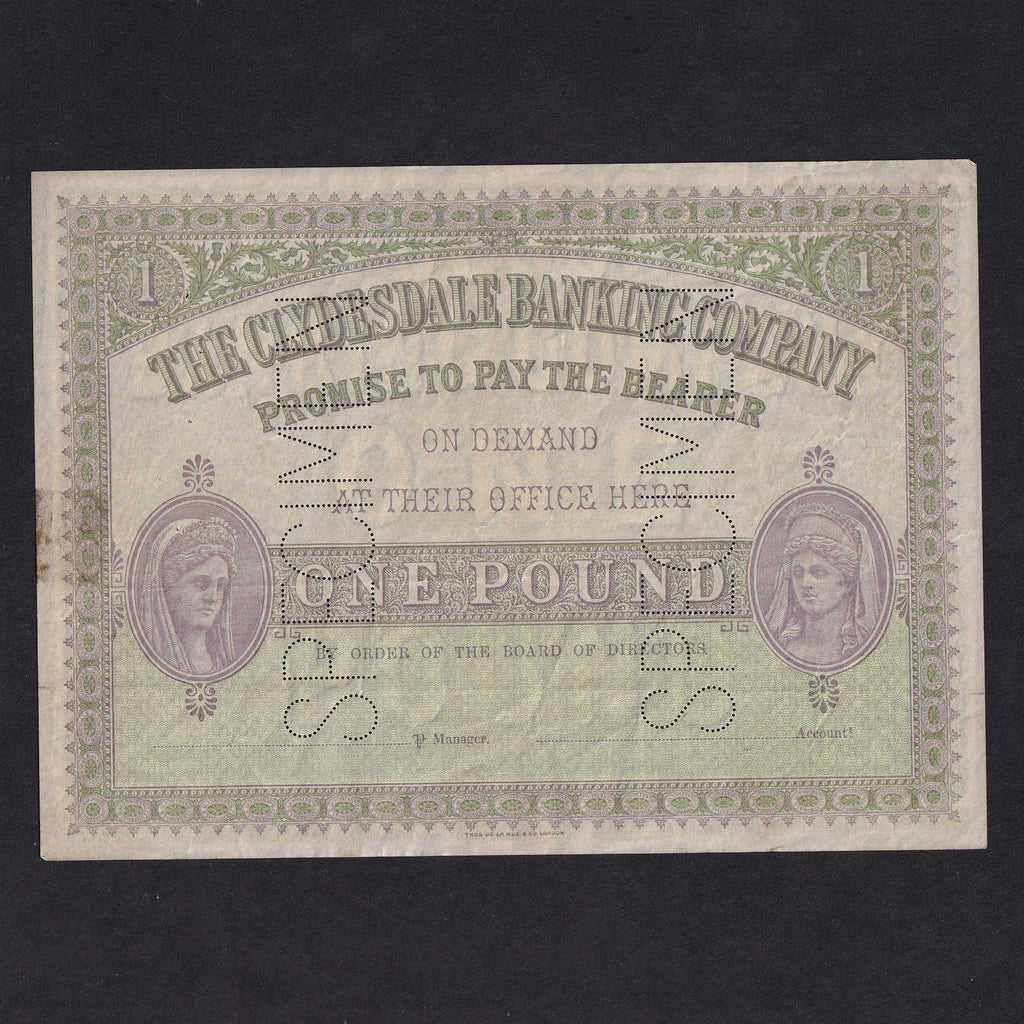 Scotland (P180s) Clydesdale Banking Company, £1 specimen, 1872, CL12, tape residue, otherwise VF