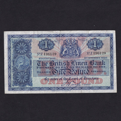Scotland, British Linen Bank, £1, 8th November 1938, Z 196129, BL65b, VF