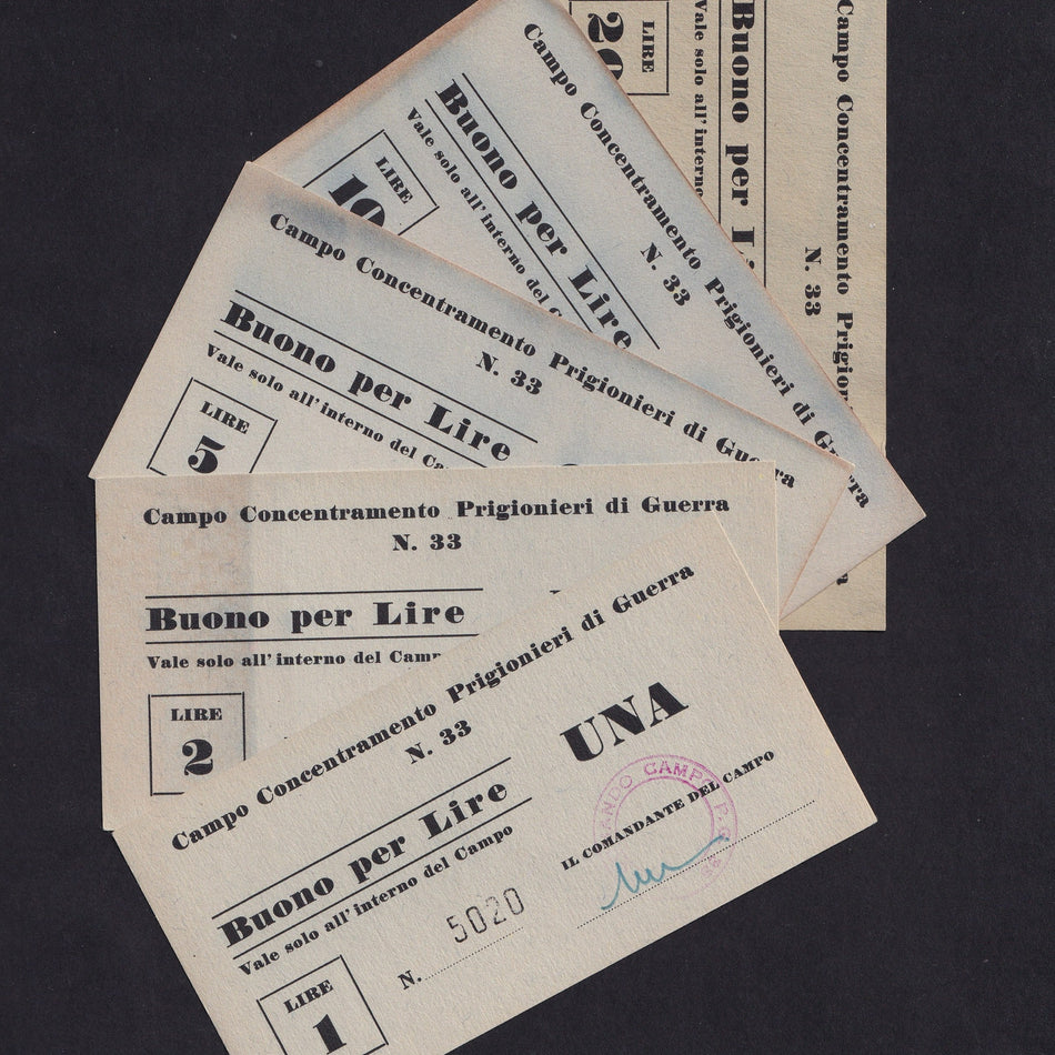 Italy, 1, 2, 5, 10 & 20 Lire, WWII POW camp 30 notes, Campbell 5928- 5932, Fine