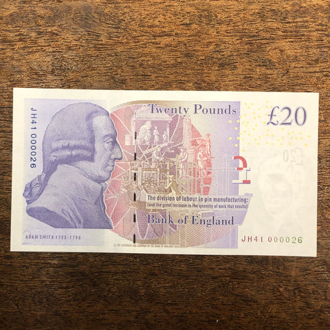 Bank of England (B412) Cleland, £20, first million & low serial, JH41 000026, UNC