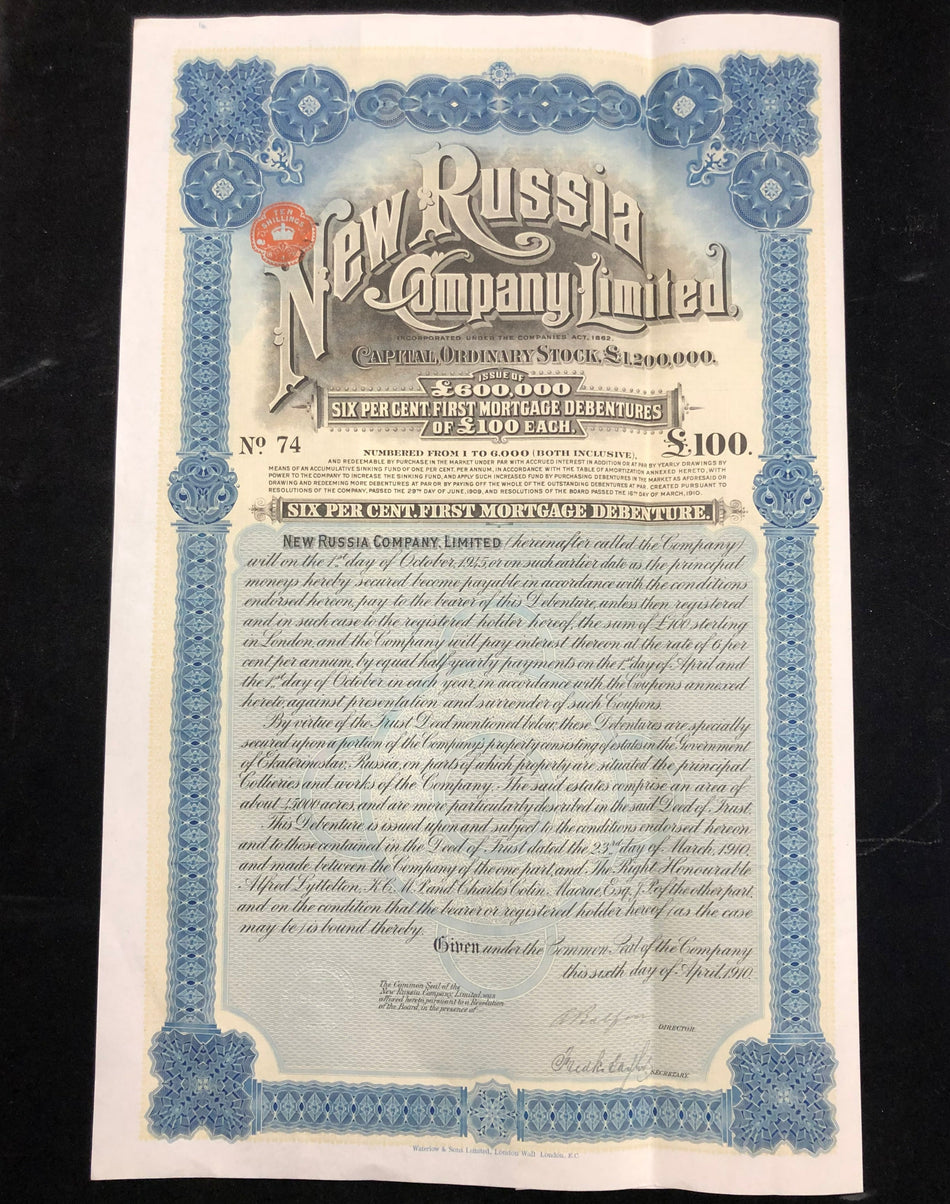 Ukraine, New Russia Company Ltd., £100 bond, 1910, Waterlow, with coupons, registered 1869 by Welshman John Hughes, Hughesovka (Donetsk)