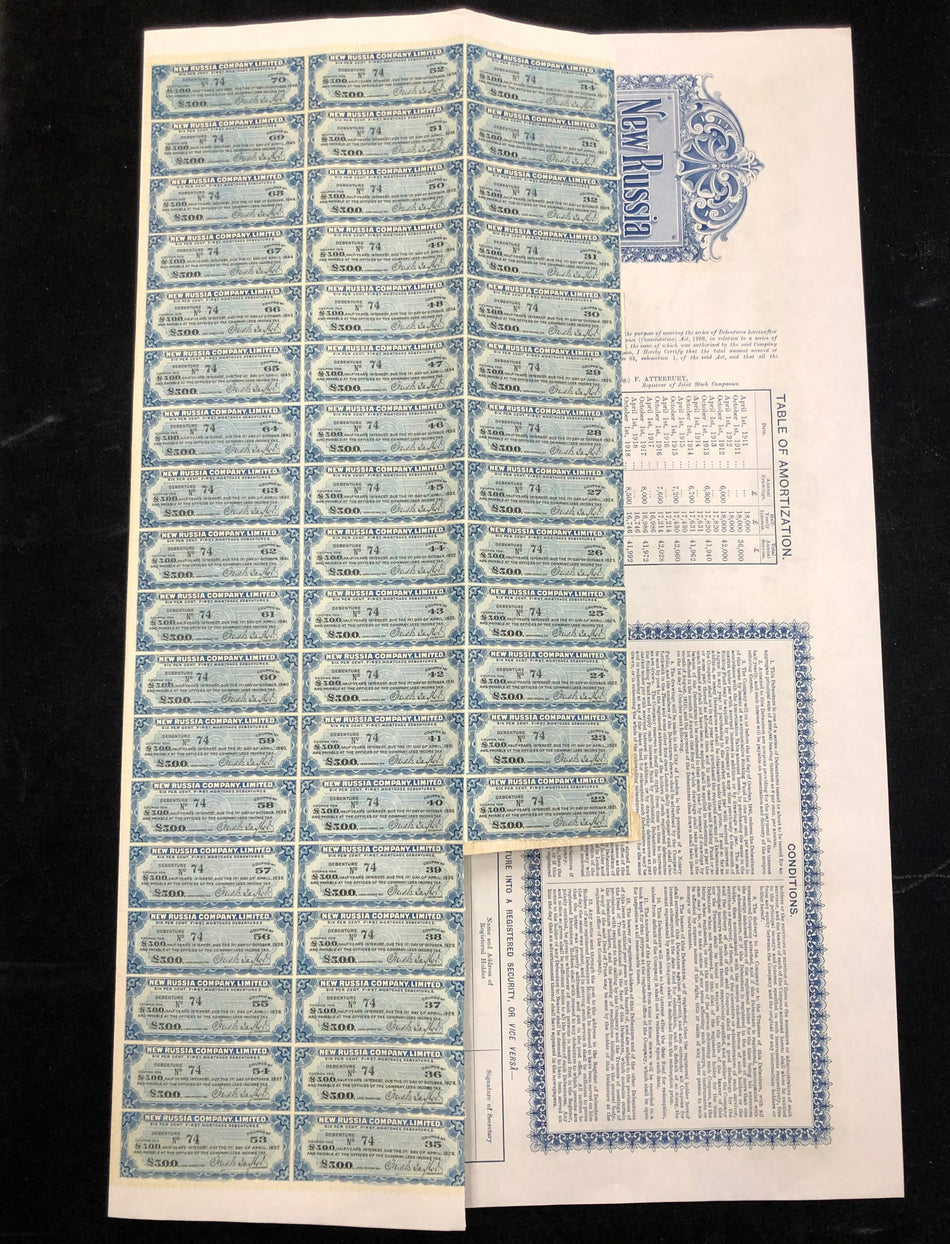 Ukraine, New Russia Company Ltd., £100 bond, 1910, Waterlow, with coupons, registered 1869 by Welshman John Hughes, Hughesovka (Donetsk)