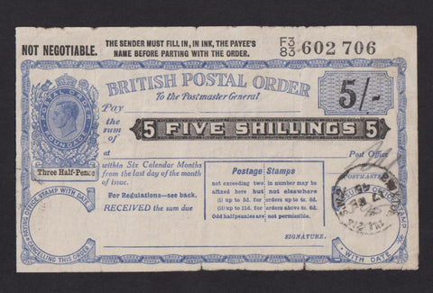 Postal Order, 5 Shillings, King George VI, dark blue, F3/83, 1945