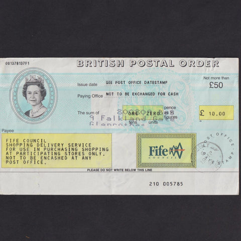 Scotland, £10 Postal Order, QEII, Fife Council, used, Good EF