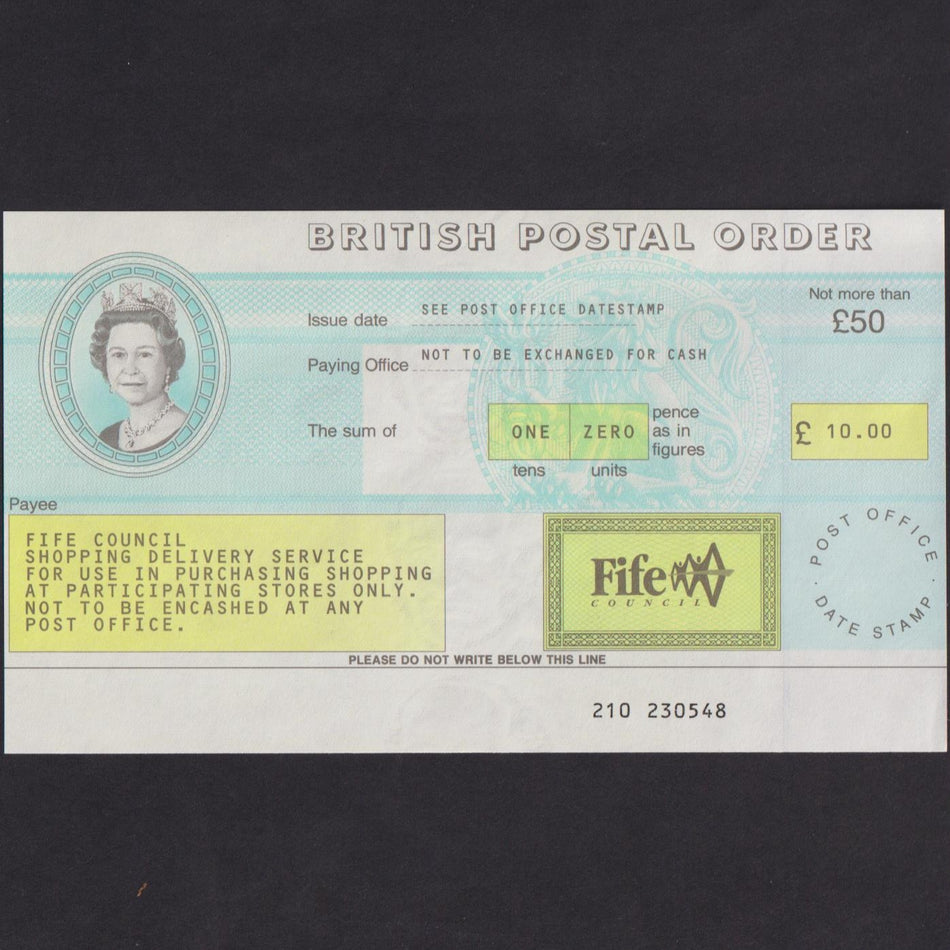 Scotland, £10 Postal Order, QEII, Fife Council, unissued