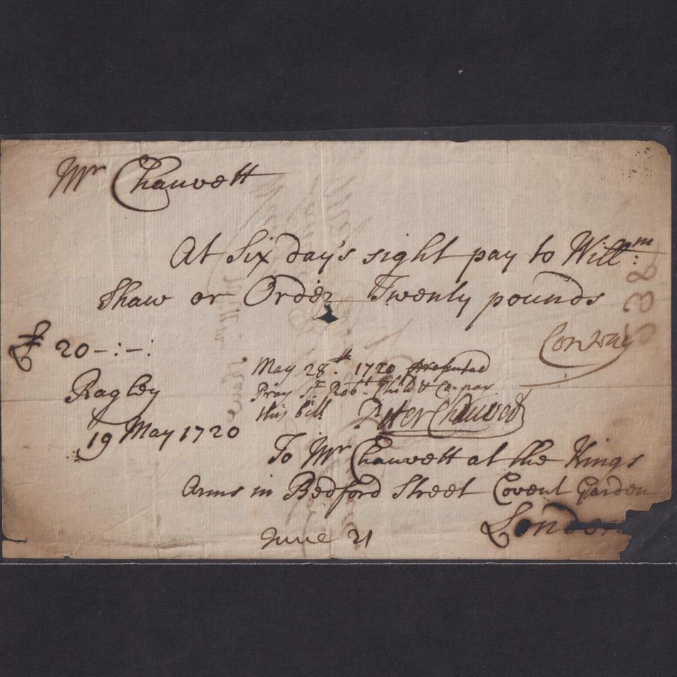 Child & Co., Sir Robert Child, Bill of Exchange, 19th May 1720, payable to William Shaw for £20 and addressed to a Mr Chauvett at The Kings Arms in Covent Garden, Poor