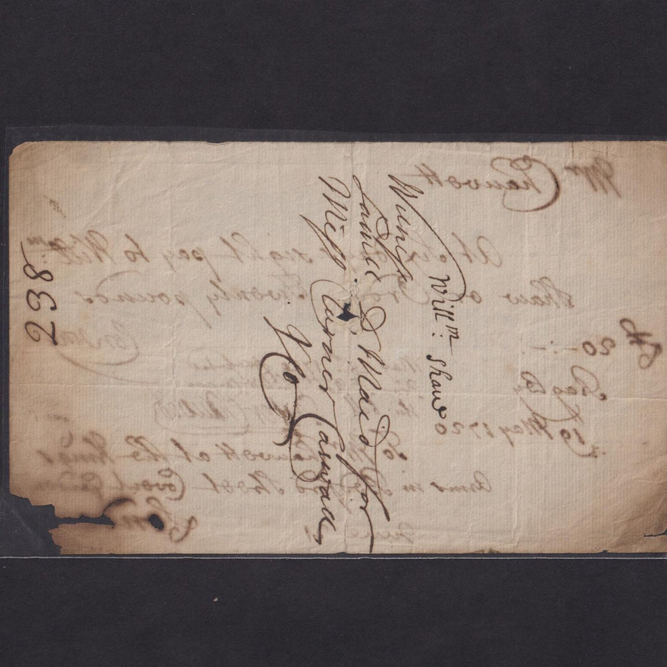 Child & Co., Sir Robert Child, Bill of Exchange, 19th May 1720, payable to William Shaw for £20 and addressed to a Mr Chauvett at The Kings Arms in Covent Garden, Poor