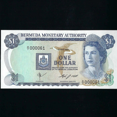 Bermuda (P28f) $1 Monetary Authority, QEII, A/7 000061, signature 5, this is note 61 of signature as series starts at A/7, UNC