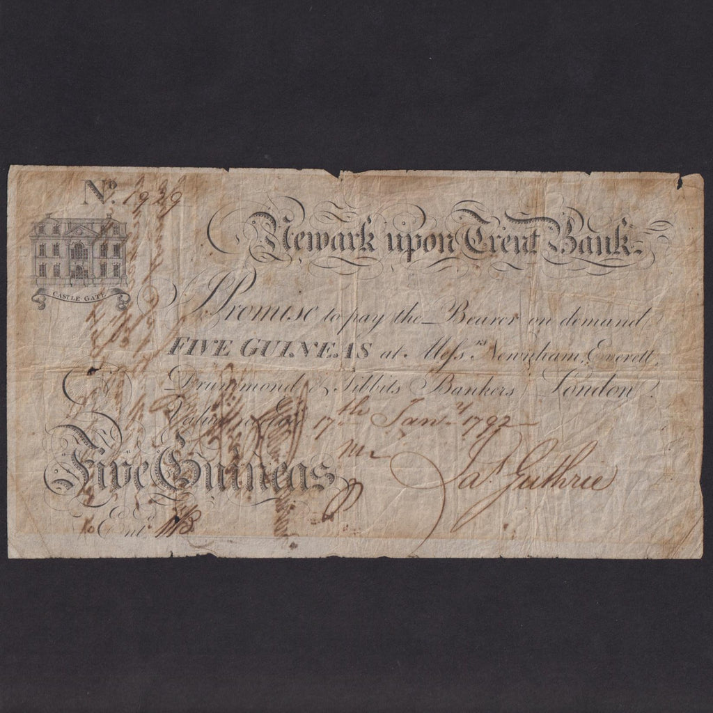 Provincial - Newark upon Trent, 5 Guineas (1792) for Guthrie, Outing 1487a, some bleedthrough from bankruptcy declaration on reverse, VG