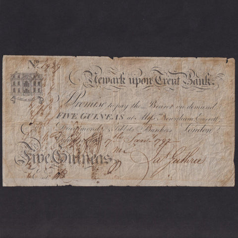 Provincial - Newark upon Trent, 5 Guineas (1792) for Guthrie, Outing 1487a, some bleedthrough from bankruptcy declaration on reverse, VG