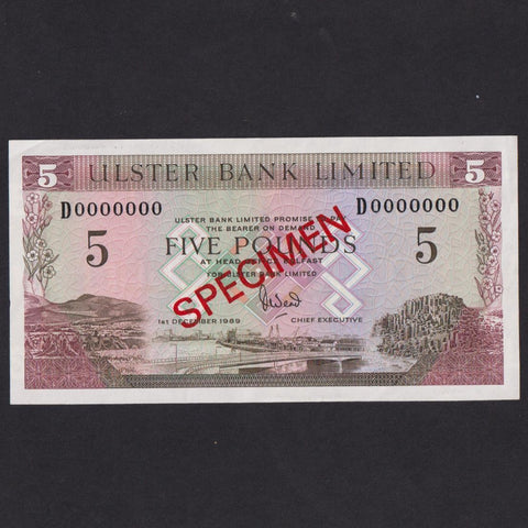 Northern Ireland (P331s) £5 specimen, 1st December 1989, Ulster Bank Limited, D0000000, Good EF