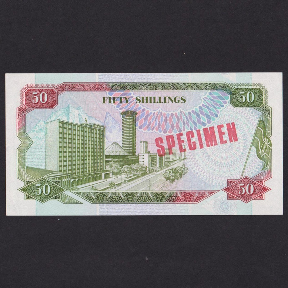 Kenya (P26s) 50 Shilling specimen, 1990, AA/00000, specimen in red, A/UNC