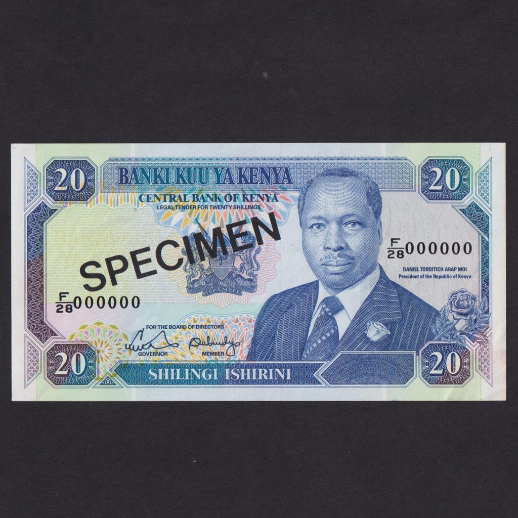 Kenya (P25s) 20 Shilling specimen, no date, proof, F/28 000000, specimen in black, EF