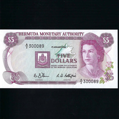 Bermuda (P29d) $5, 1st January 1988, QEII, Monetary Authority, A/2 300089, signature 7 but note number 89 as series starts on 300000, UNC