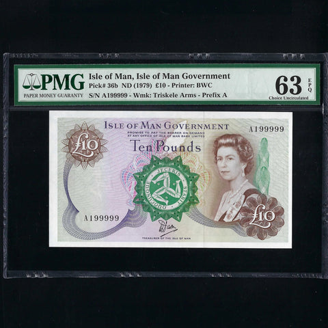 Isle Of Man (P36a) £10, 1979, QEII, A199999, PMG63, UNC