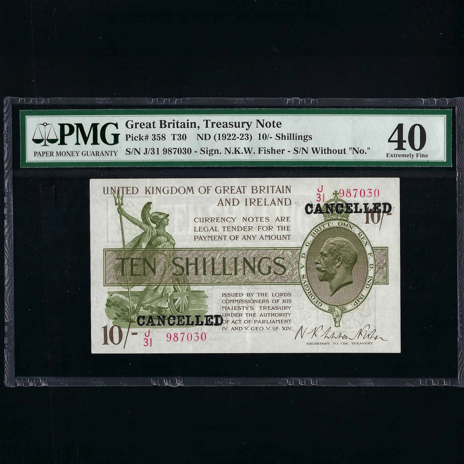 Treasury Series (T30c) Fisher, 10 Shillings, J31 987030, see EPM page 20, cancelled for use as a specimen, (PMG40) EF
