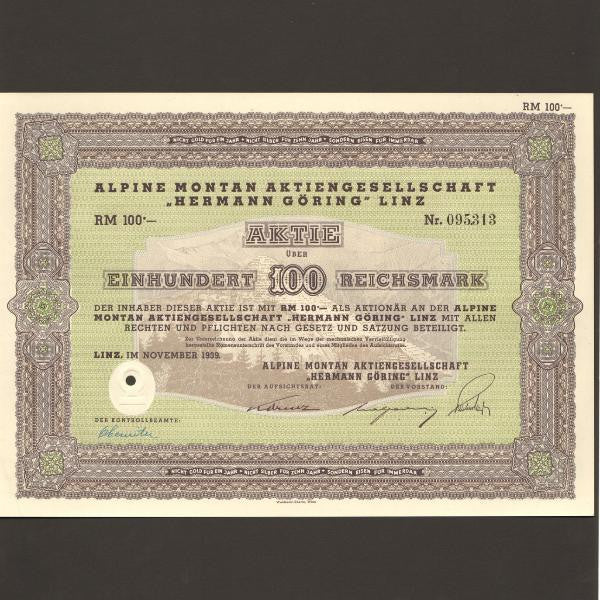 Germany 100 Reichmark (1939) Alpine Montan Herman Goring - Colin Narbeth & Son Ltd.