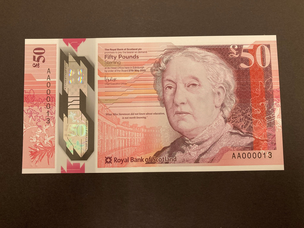 Scotland, Royal Bank of Scotland, £50, 2020, AA000013, the 10th lowest number available as notes 1-3 in bank's archive, PMS RB113, UNC