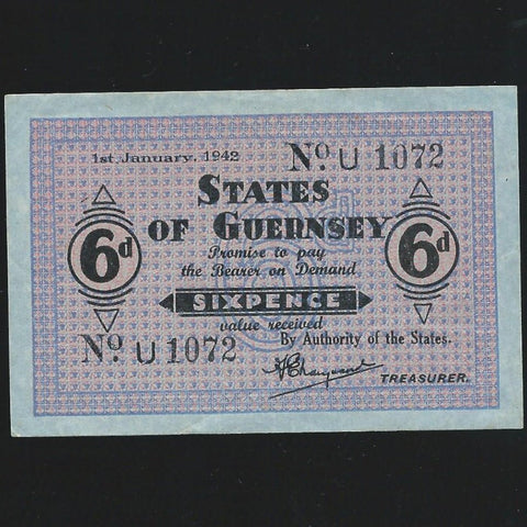 Guernsey (P24) 6 Pence, 1st January 1942, U1072, WWII, German Occupation, blue paper, EF
