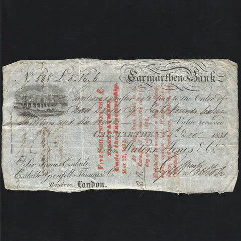 Provincial - Carmarthen Bank £8 16/- 6d (1831) 21 days after date for Walters & Jones & Co. Esdaile as London agent, Outing unlisted, Good VF