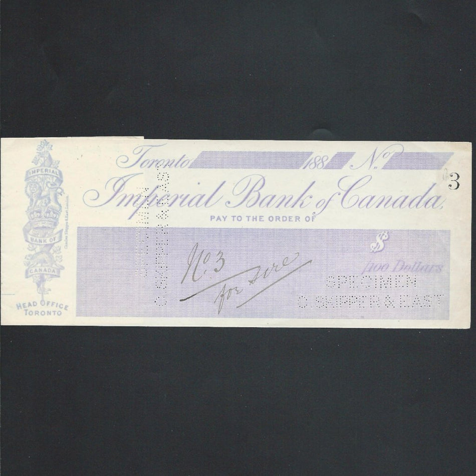 Canada Imperial Bank specimen cheque, 188x, Toronto