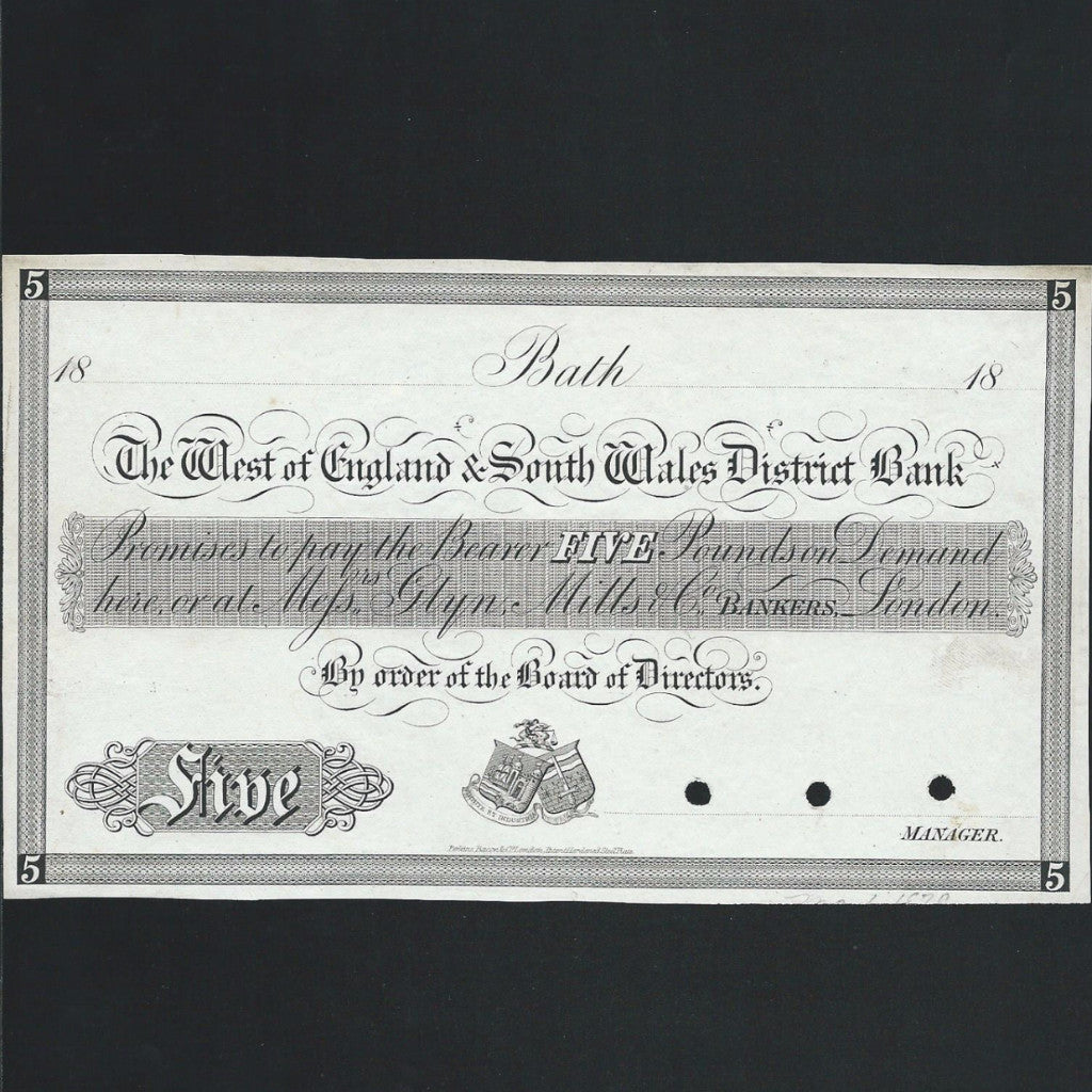 Provincial - West of England & South West Wales District Bank £5 obverse proof (18xx) Perkins, Bacon & Co. Outing unlisted for Bath branch, small tear otherwise EF - Colin Narbeth & Son Ltd.
