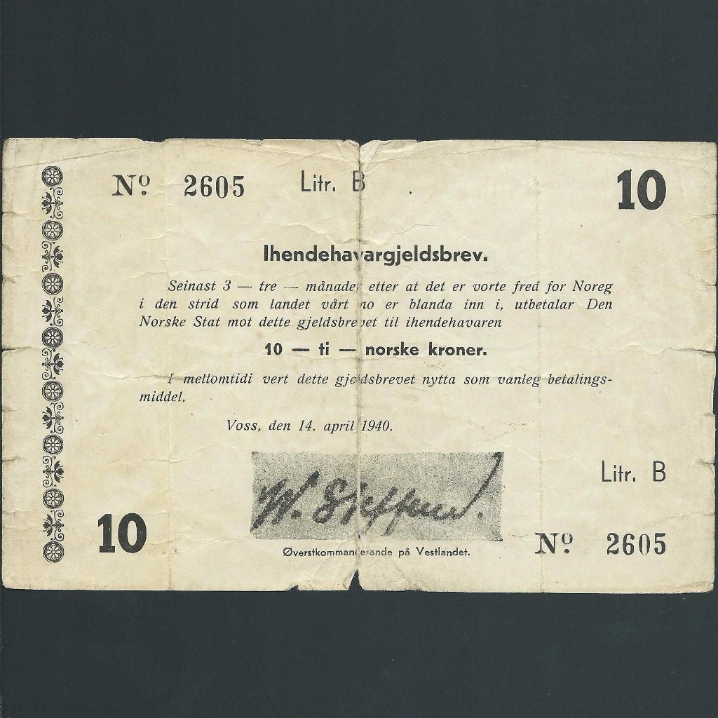 Norway (PM2) 10 Kroner, 14th April 1940, WWII emergency issue, tears, Poor