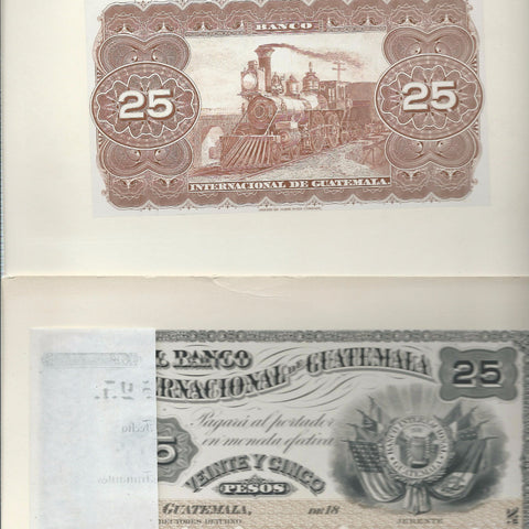 Guatemala (PS156A) 25 Peso obverse reverse proofs, El Banco Americano
