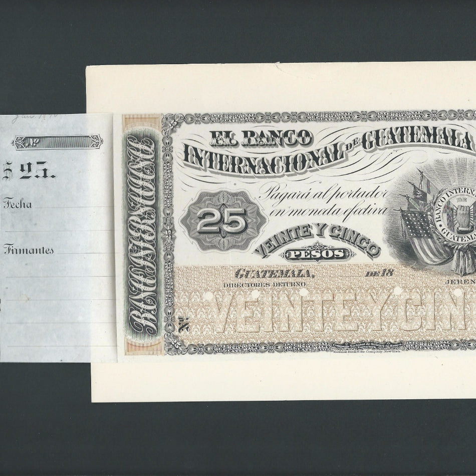Guatemala (PS156A) 25 Peso obverse reverse proofs, El Banco Americano