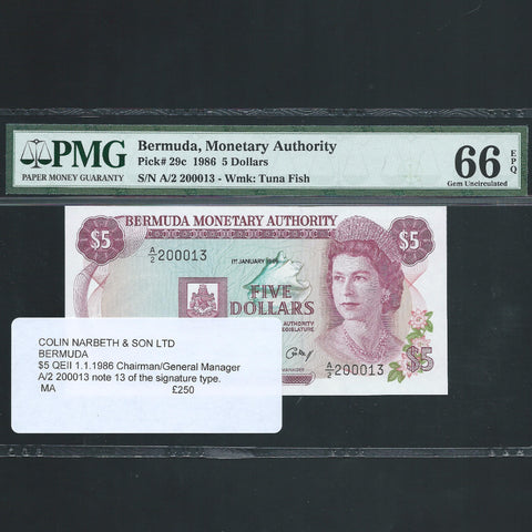 Bermuda (P29c) $5, 1st January 1986, QEII, Chairman/ General Manager, A/2 200013, note 13 of the signature type, UNC