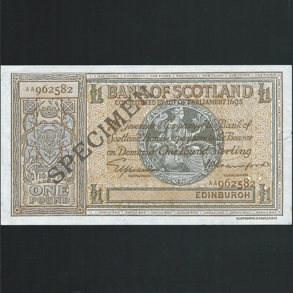 Scotland (P.91s) £1 specimen, Bank of Scotland, Elphinstone/Crawford, AA962582, brown reverse, D.86, EF
