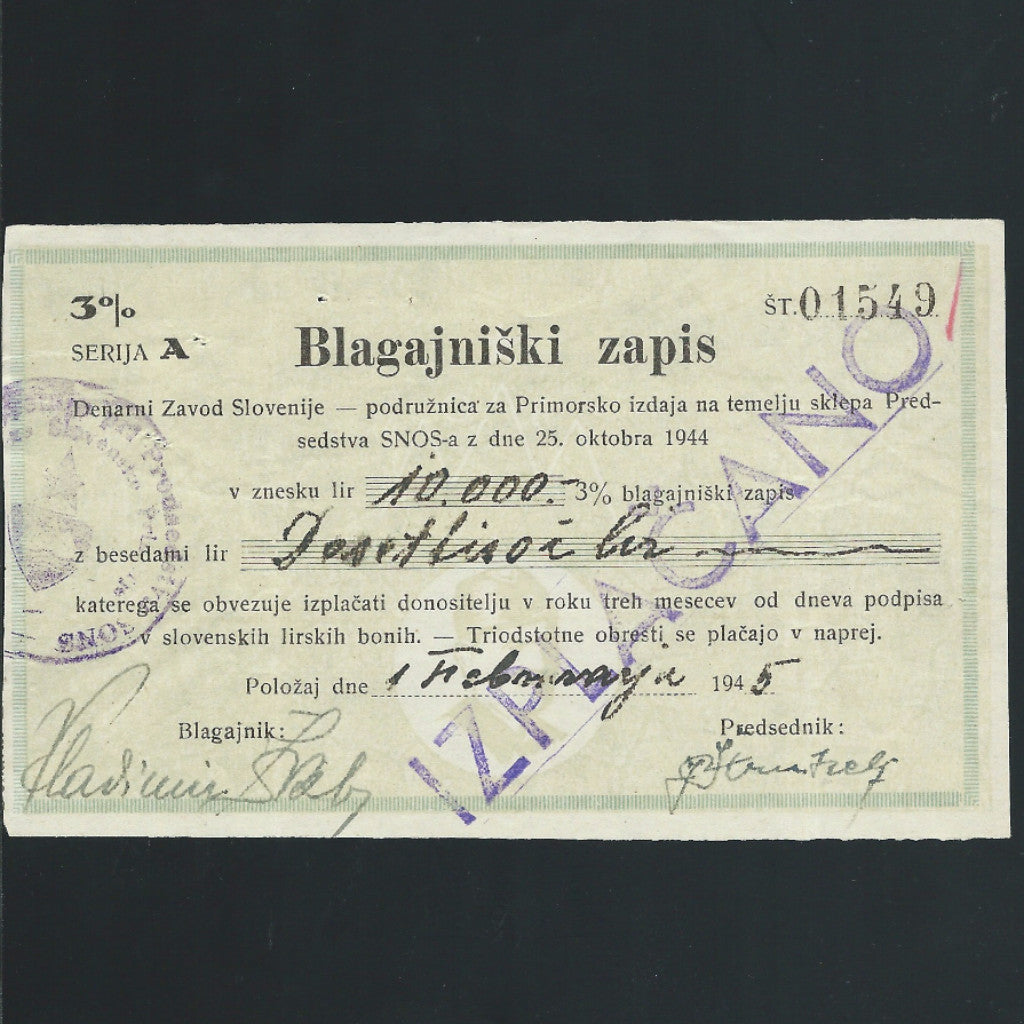 Yugoslavia 10000 Lir, 25th October 1944, P.NL Slovenia Branch office, coastal region for disbursements. 3%, for Partizans, EF