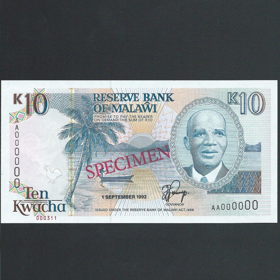 Malawi (P25bs) 10 Kwacha specimen, 1992, UNC