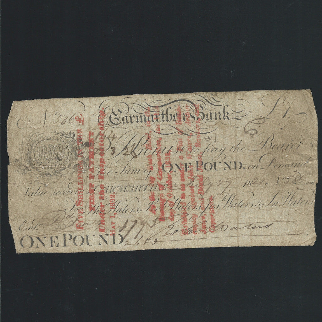 Provincial - Carmarthen Bank £1 (1821) for Tho Walters, Jos Walters & Jn Walters, Outing no listed (459 for bank) VG/ Fine