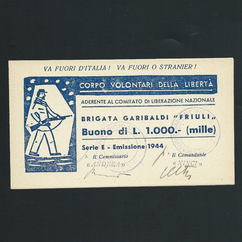 Italy, 1000 Lire, 1944, Garbaldi Brigade, WWII, Gavello 84, Good EF