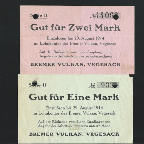 German notgeld 1/ 2 Mark (29.08.1914) Bremer Vulkan Vegesach (pair) Good VF - Colin Narbeth & Son Ltd.
