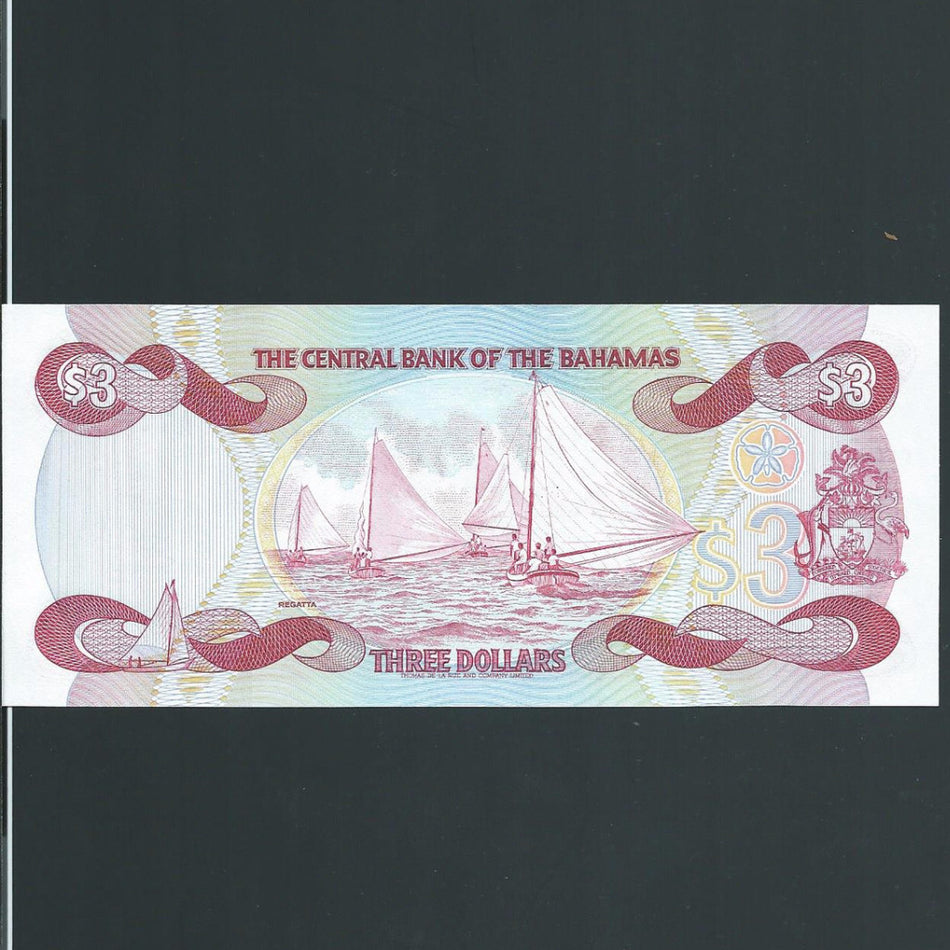 P.44 Bahamas $3 (1974) Central Bank. Allen signature, QEII. UNC - Colin Narbeth & Son Ltd. - 2