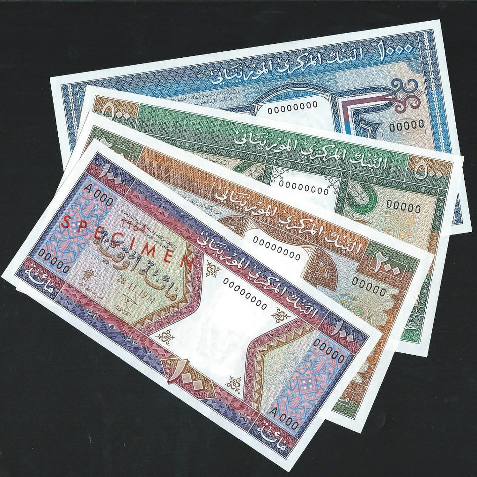Mauritania (P4a-7a) 100- 1000 Ouguiya specimen set, 1974-79, all first date, UNC