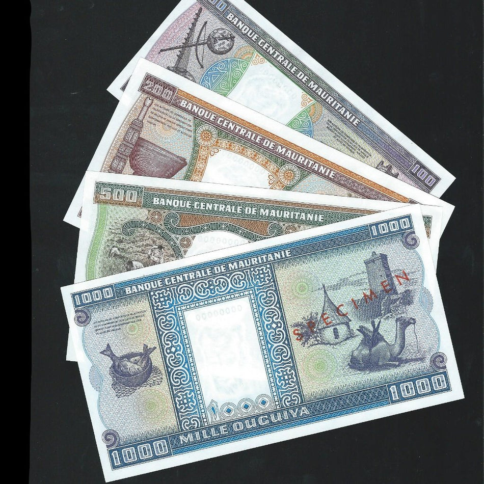 Mauritania (P4a-7a) 100- 1000 Ouguiya specimen set, 1974-79, all first date, UNC