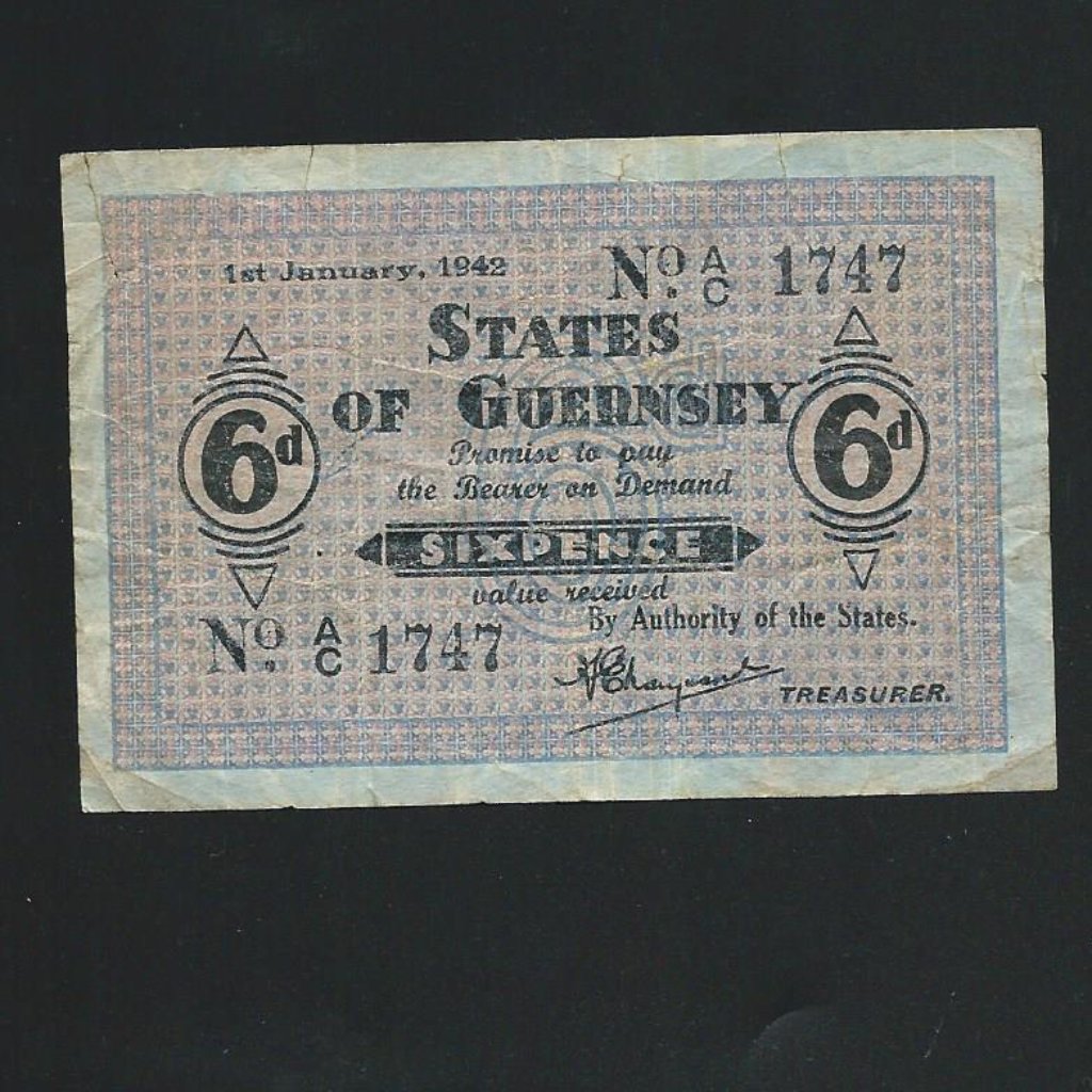 Guernsey (P24) 6 Pence, 1st January 1942, blue paper, no.AC1747, VG/Fine