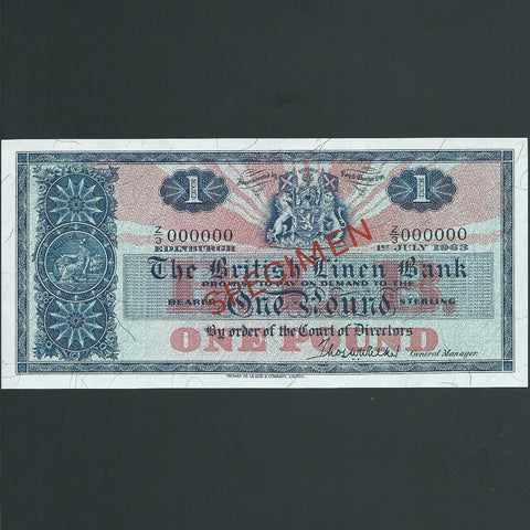 Scotland (P166s) £1 specimen, 1st July 1963, British Linen Bank, Z/3 000000, D.63-4, UNC