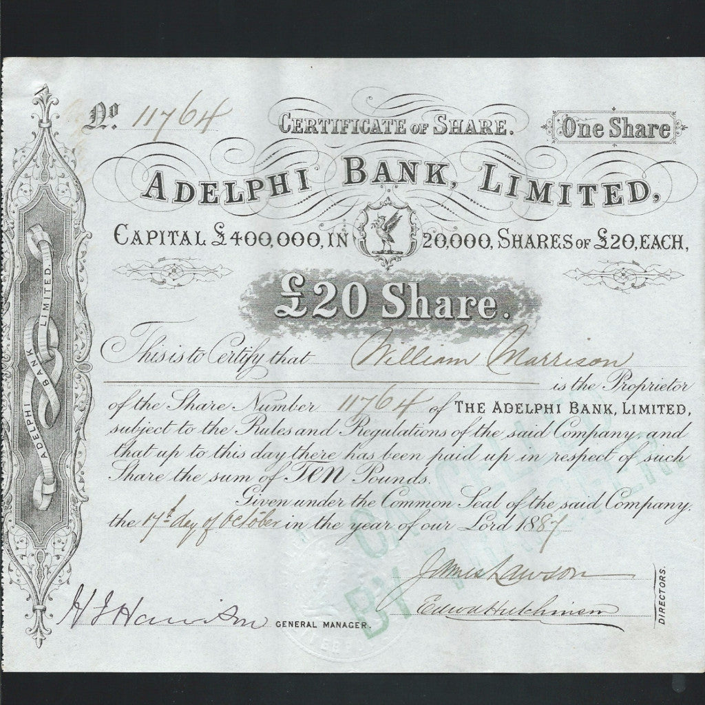 Share Certificate - Adelphi Bank Limited, £20 Share, 1880s